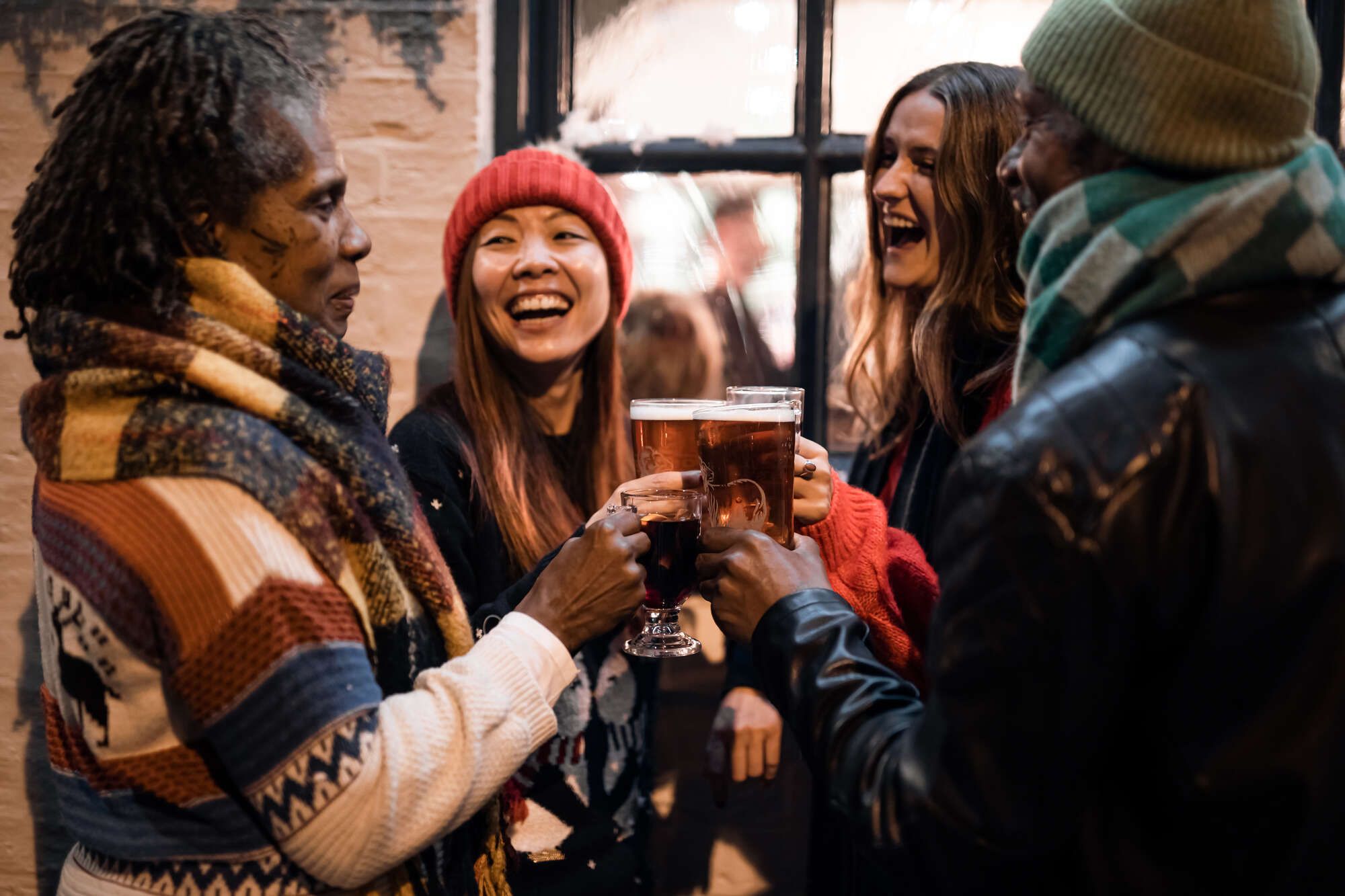 Drinking beer outside in the cold with woolly hats, gloves & scarves